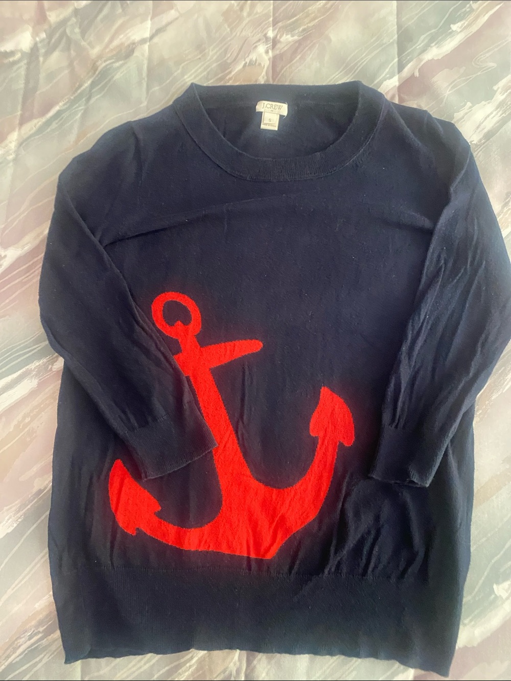 J. Crew Navy Sweater with Red Anchor Graphic 100 cot S PTP abt 18.5  3/4 sleeves - Picture 7 of 7